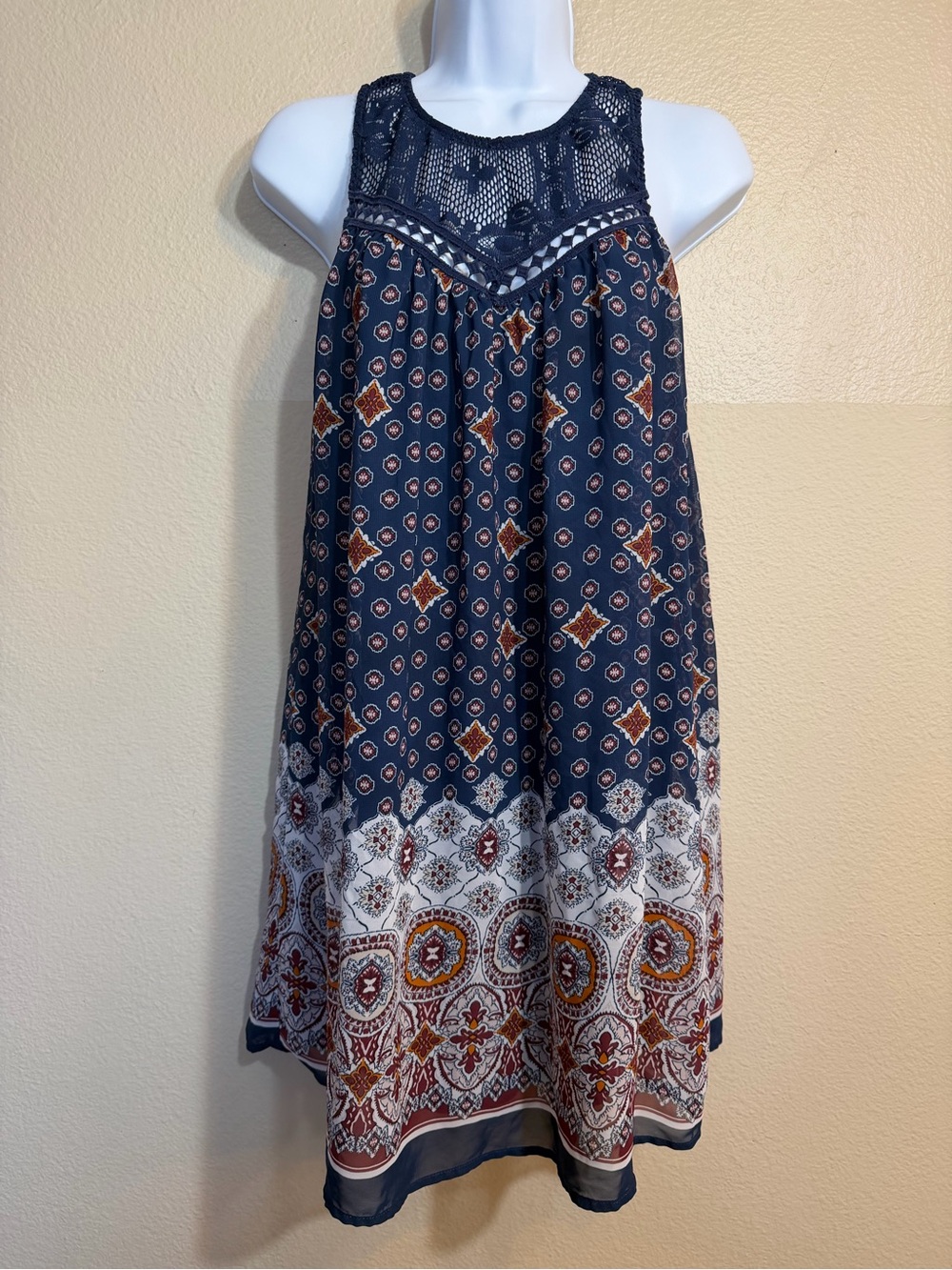 Boho Bailey Blus Navy Printed Lace Yoke Skirt Dress